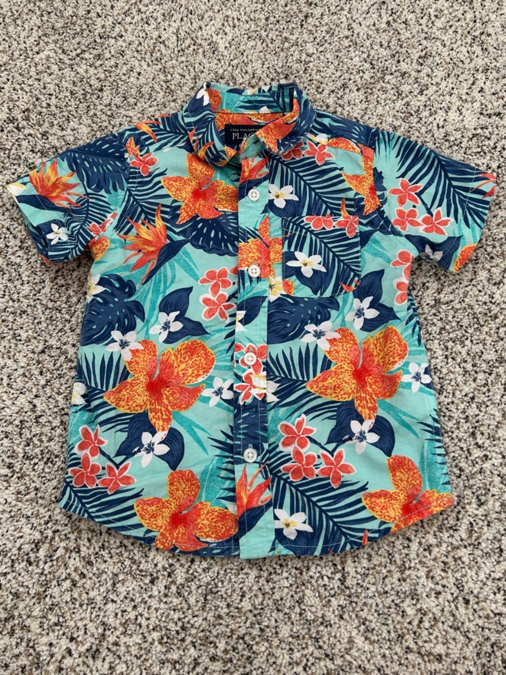 The Children's Place Poplin Short-Sleeve Button Down Shirt, Aqua Tropical, 2T - Picture 2 of 5